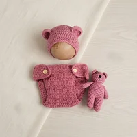 Newborn Baby Photo Props Bear 3 Piece Knitted Set Hat Shorts Bear Plush Toy Photography Accessories 6