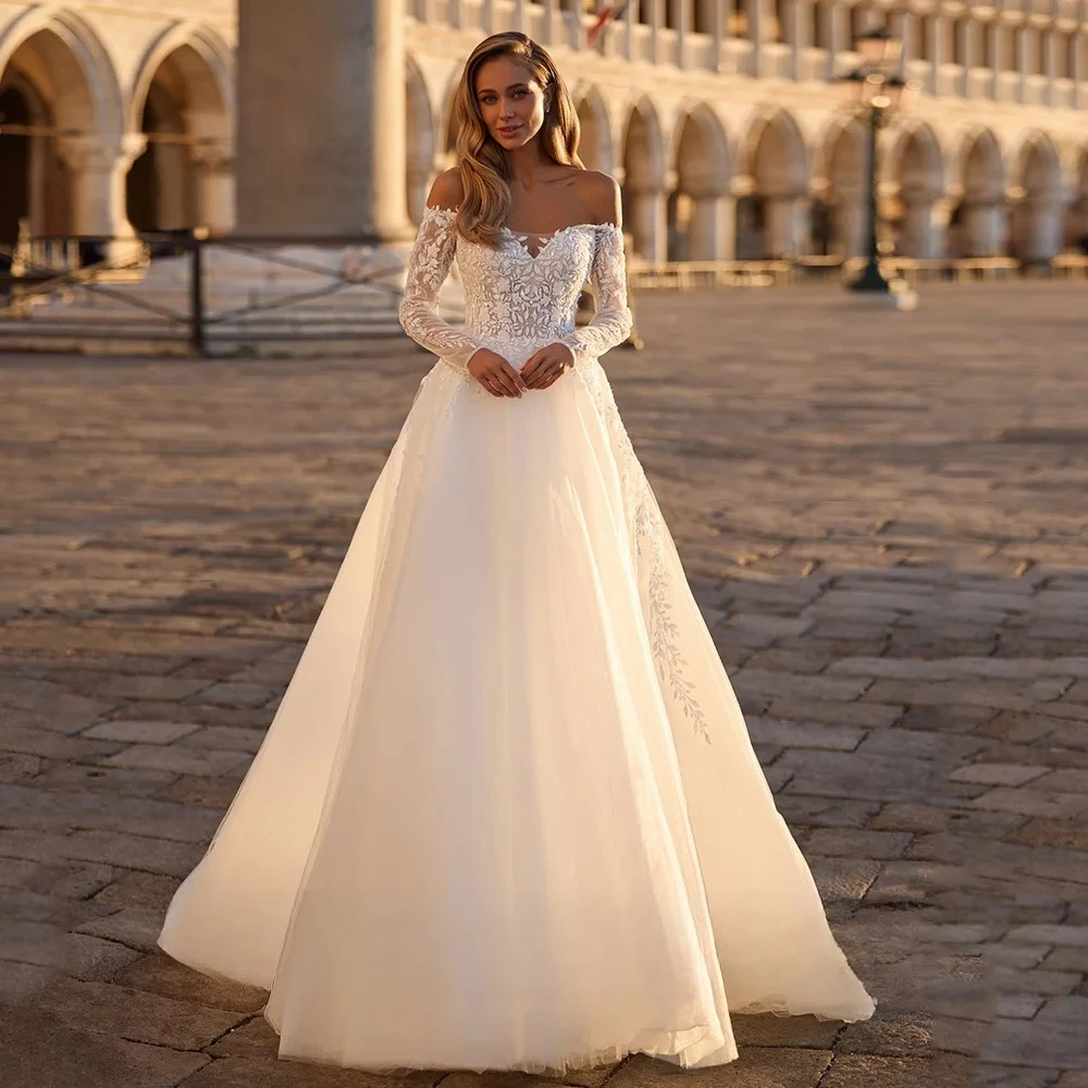 

Vintage Off Shoulder A-line Wedding Dresses Full Sleeves Sequined Lace Applique Bridal Gown Sweep Train vestido de novia