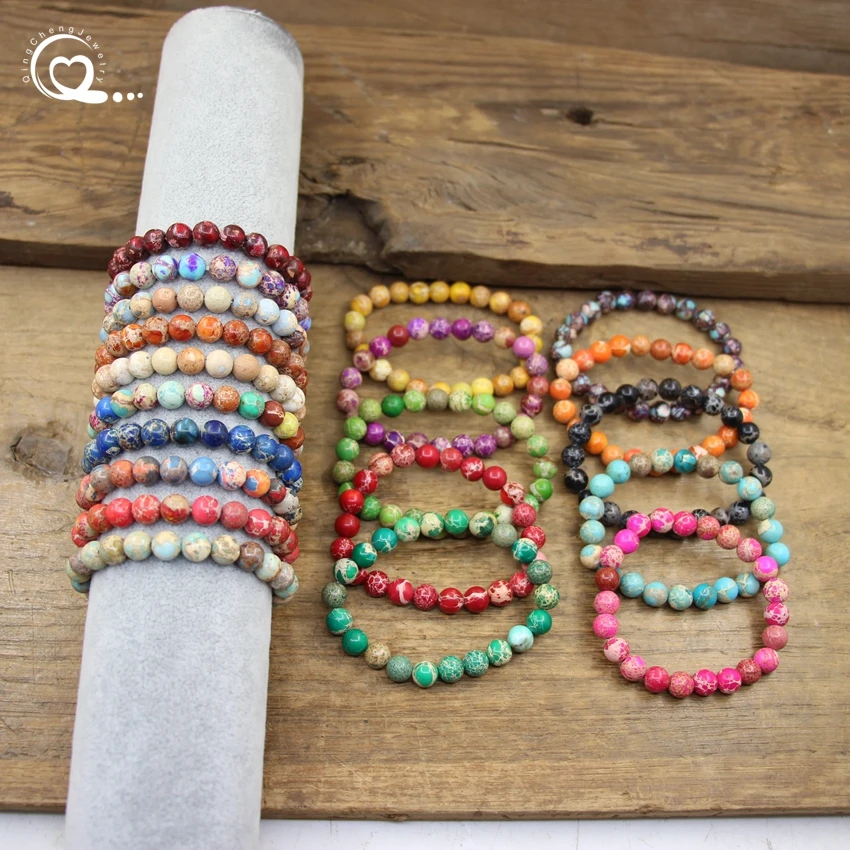 

Colourful Imperial Jasper Round Beaded Bracelet 4-10mm Natural Stone Sea Sediment Elastic Wristband Bangles Women Jewelry QC2088