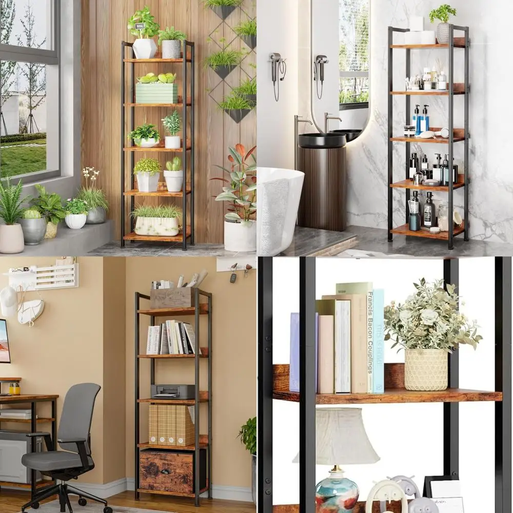 

Rustic Brown Tall Narrow 5-Tier Bookshelf with Drawer, Wood and Metal Storage Organizer, Industrial Style Display Shelf for Home