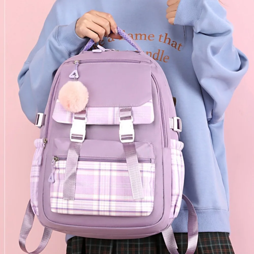 

Simple Nylon Student Backpack Harajuku Large Capacity Shoulders Bag Commute with Pendant Korean Style School Bag Travel