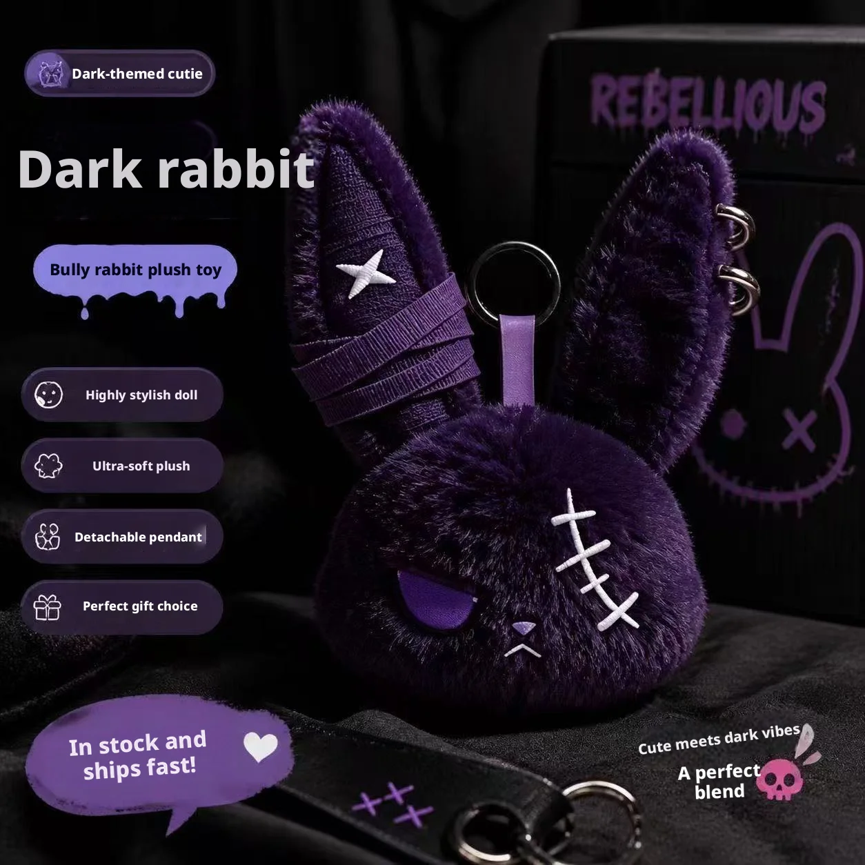 Halloween Gothic Hasen-Plüsch-Schlüsselanhänger mit Verband-Design, Schlüsselring-Anhänger, Auto- und Taschen-Ornament, Geschenk