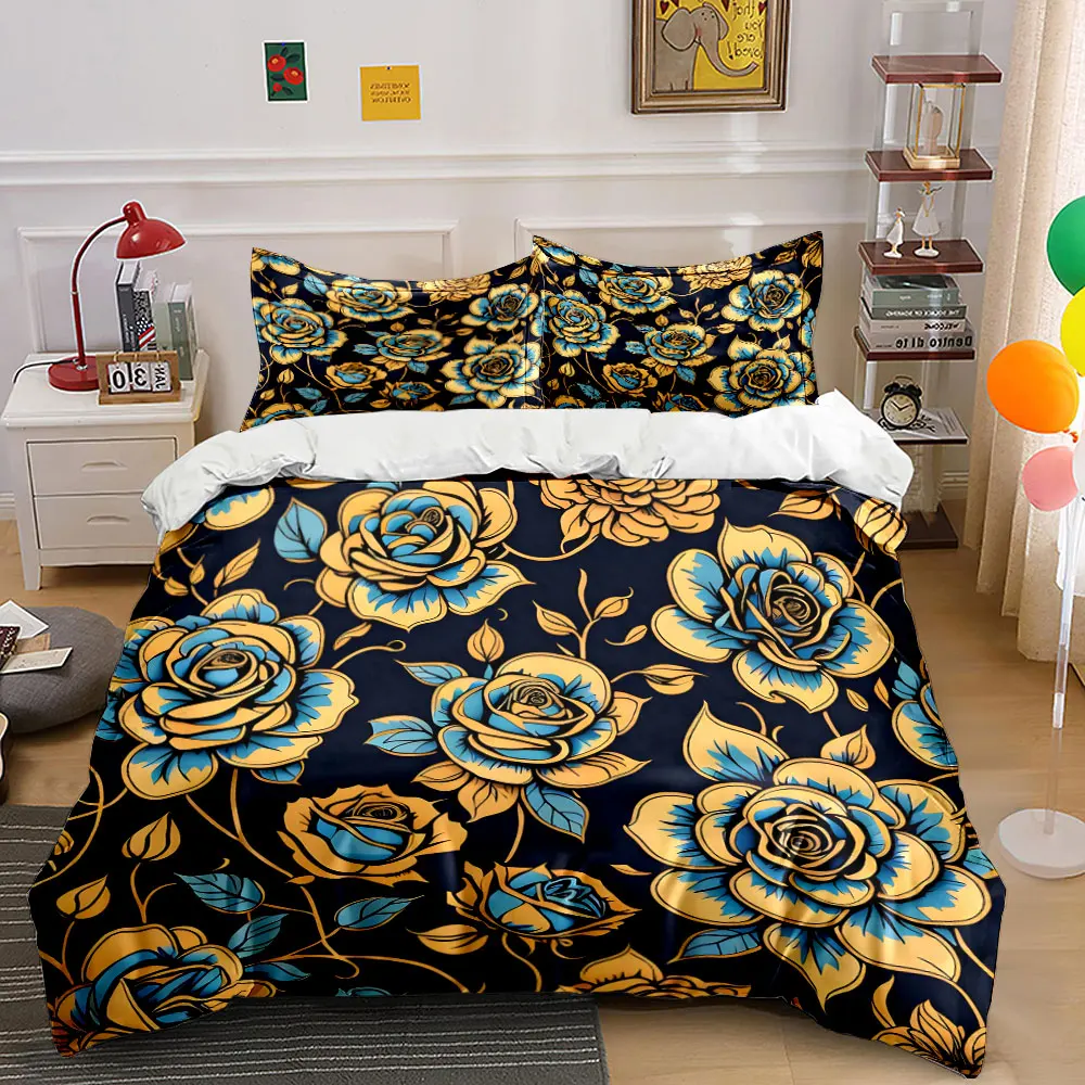 Exquisite Blue and Yellow Rose Print Bedding Set 1 Duvet Cover 2 Pillowcases for Adult and Children Luxury Gift Full Size