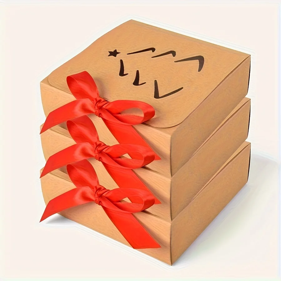 10pcs Christmas Kraft Gift Boxes with Red Satin Ribbon,Xmas Tree Star Cutout Paper Present Boxes,Holiday Treat Candy Cookie Gift