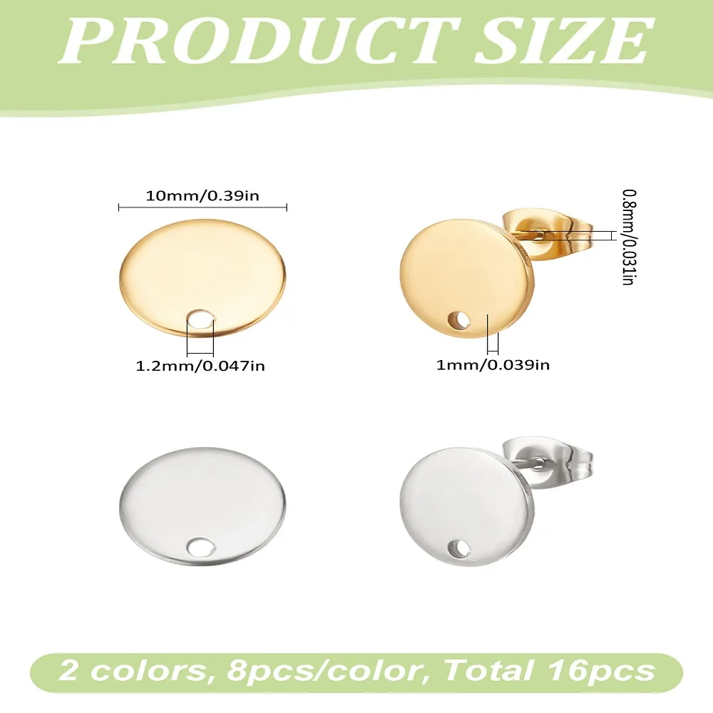 1set 16cs 2 colors Ion Plating(IP) 304 Stainless Steel Stud Earring Findings with Loop and Flat Plate Ear Nuts/Earring Backs
