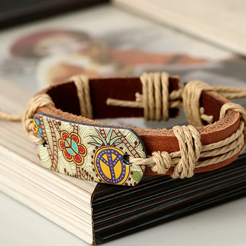 Vintage Style Hot Stamping Craft and Peace Logo Bracelet Hemp Rope Woven Cowhide Popular Friendship Bracelets Gift