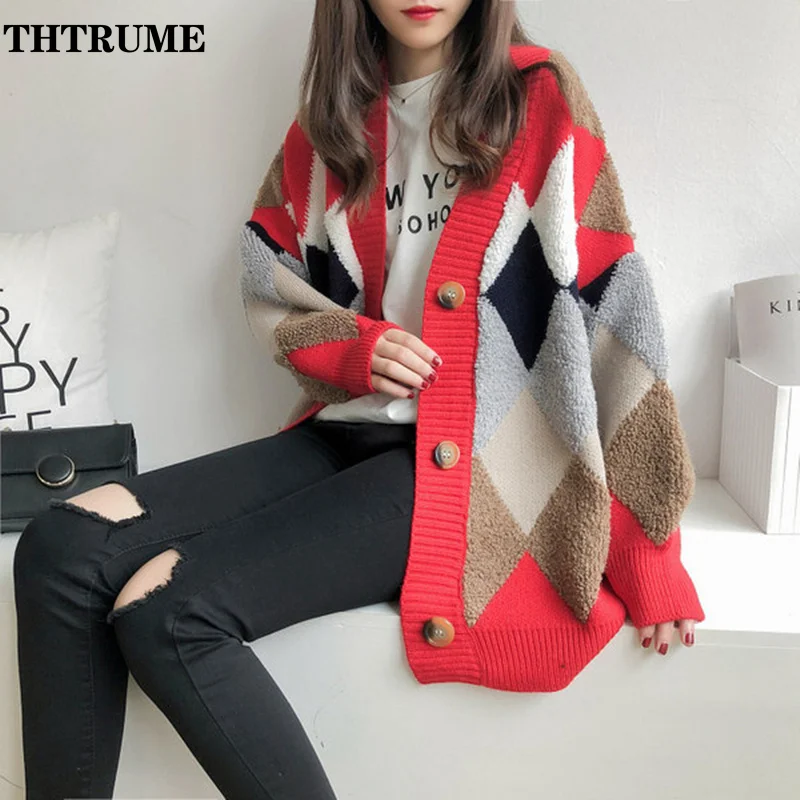 Puff Sleeve Elegant Women Sweater Fashion Patchwork Oversized Single Breasted Oversized Jumper Casual Autumn Winter Top Cardigan