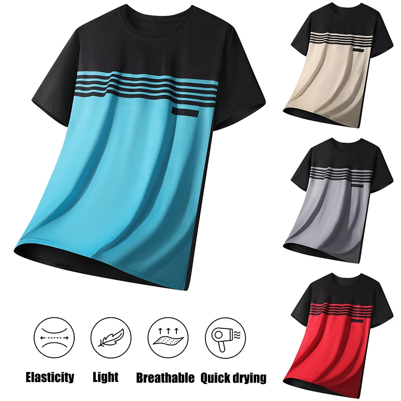 Men's Color Block Sports Short Sleeves Summer Quick-Drying Breathable Round Neck T-Shirt Men Fitness Ice Silk Short Sleeves