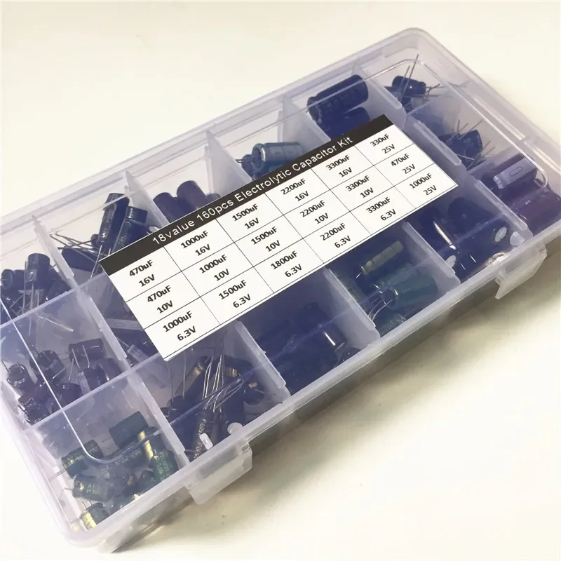 18value 160Pcs capacitor kit  Aluminum Electrolytic Capacitors 6.3V 10V 16V 25V 330uF 470uF 1000uF 1500uF 1800uF 2200F 3300uF