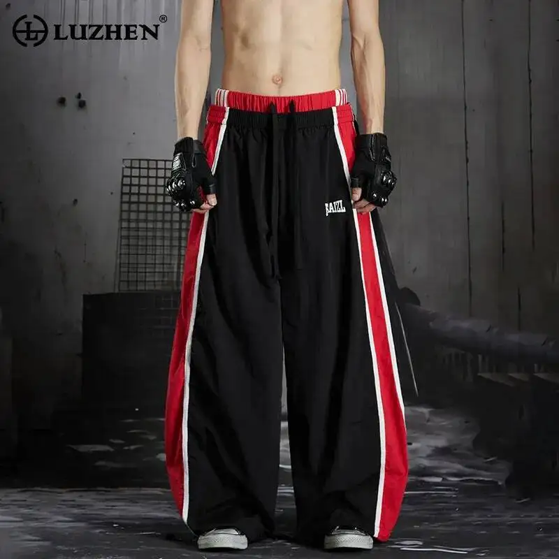 LUZHEN 2026 Summer Color Contrast Letter Printed Elastic Waist Straight Casual Pants Men's Stylish Loose Sports Trousers JY7547