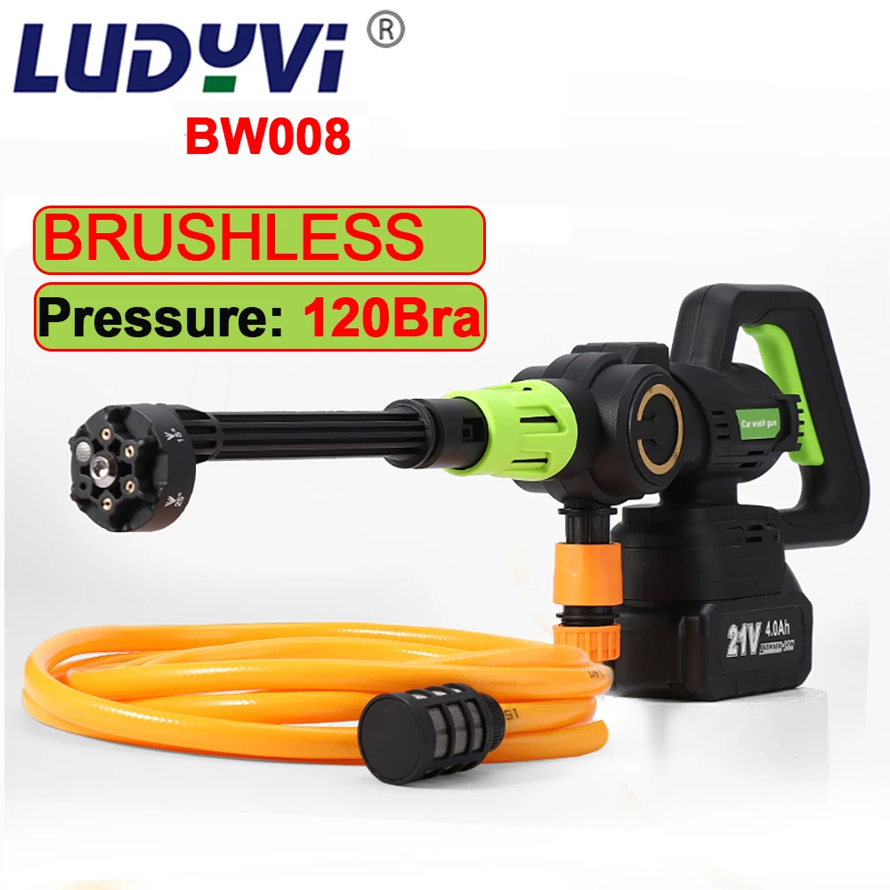 เครื่องทำความสะอาดแรงดันสูงแบบไร้แปรงถ่าน, เครื่องฉีดน้ำแบตเตอรี่4.0A 21V เครื่องทำความสะอาดปืนล้างรถไร้สาย120Bar
