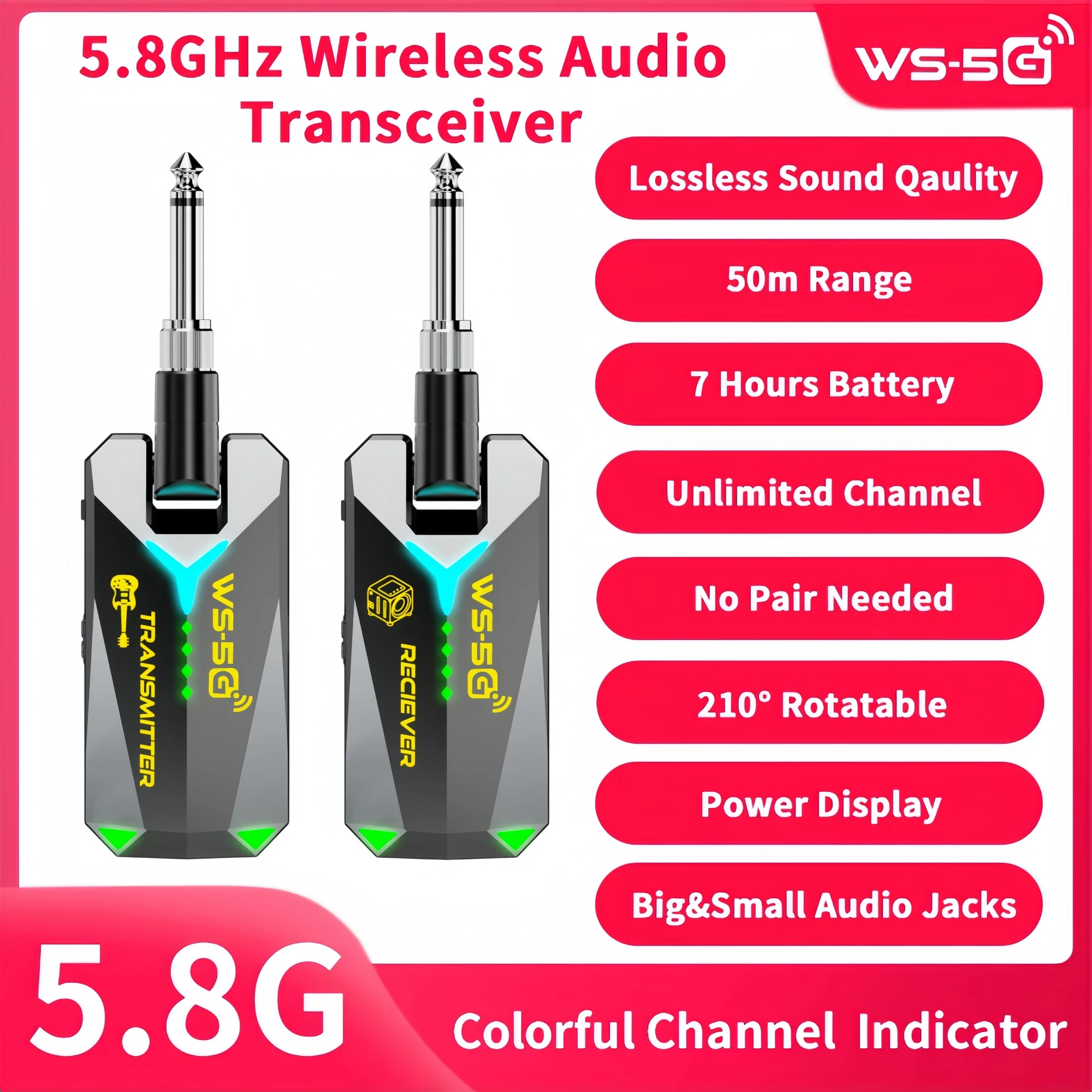 JAMJUM WS-5G 5.8GHz Wireless Audio Transmitter Receiver No Pairing Required 3.5mm & 6.35mm Rotatable Jack for Guitar Bass