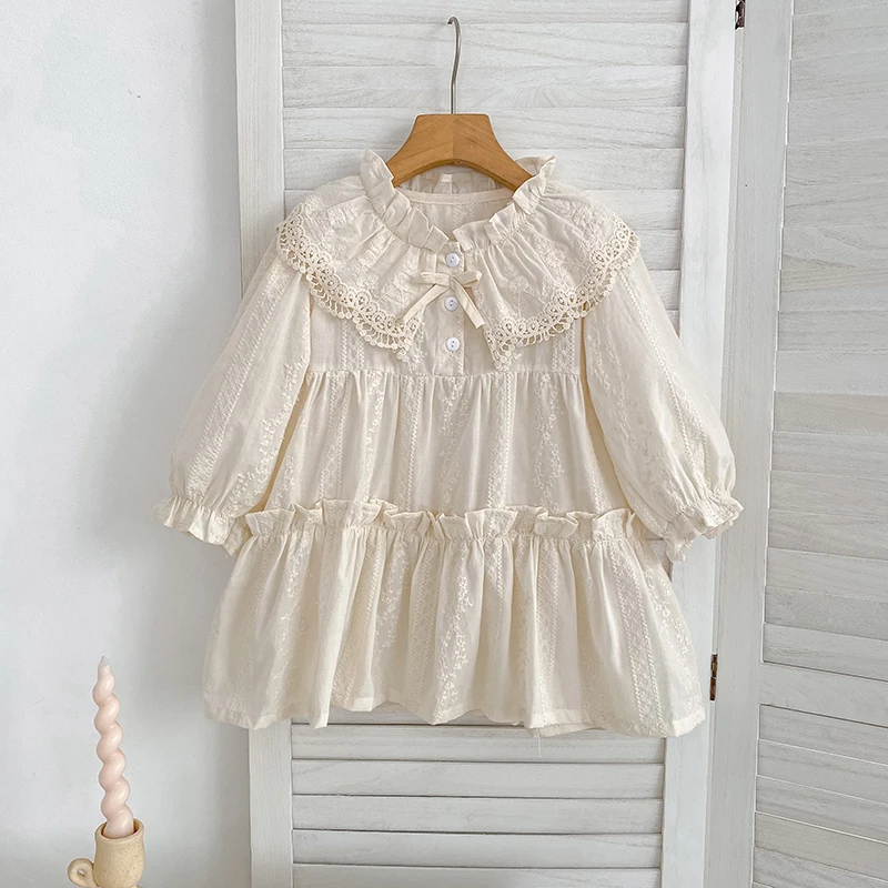 Girls Dress Baby Girls Sweet Girl Dress Ruffle Trim Long Sleeve Dress Lace Collar Going Out Casual Dresses Gift Little Clothes