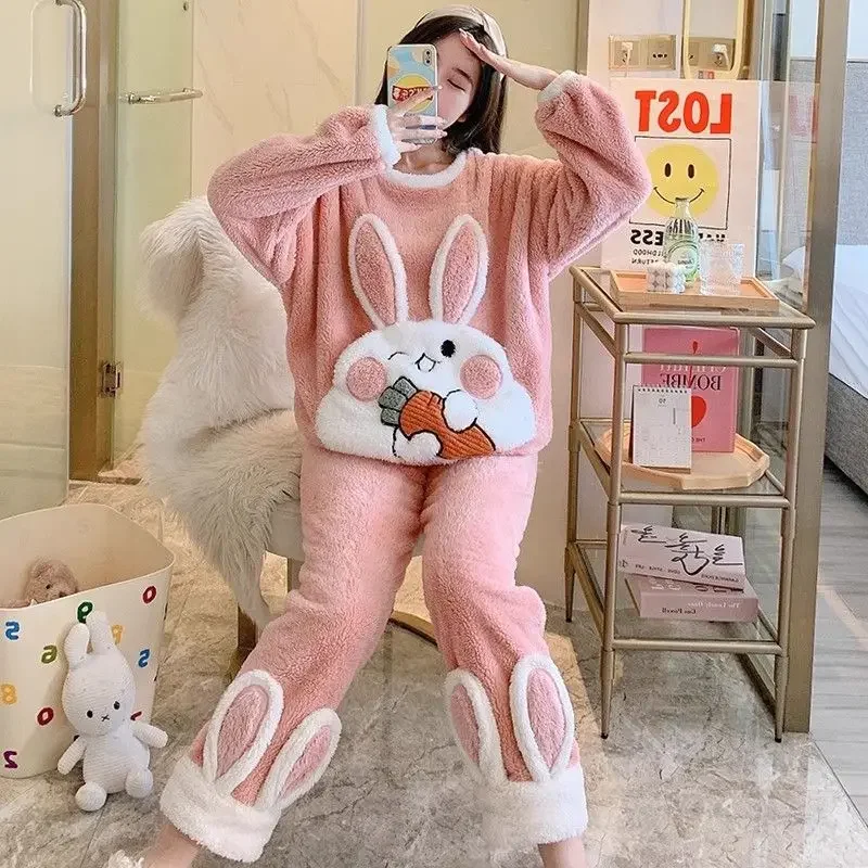 Nightgown Woman Autumn and Winter Cute Sweet Three-dimensional Rabbit with Velvet Coral Velvet Warm Cartoon Dormitory Home Suit