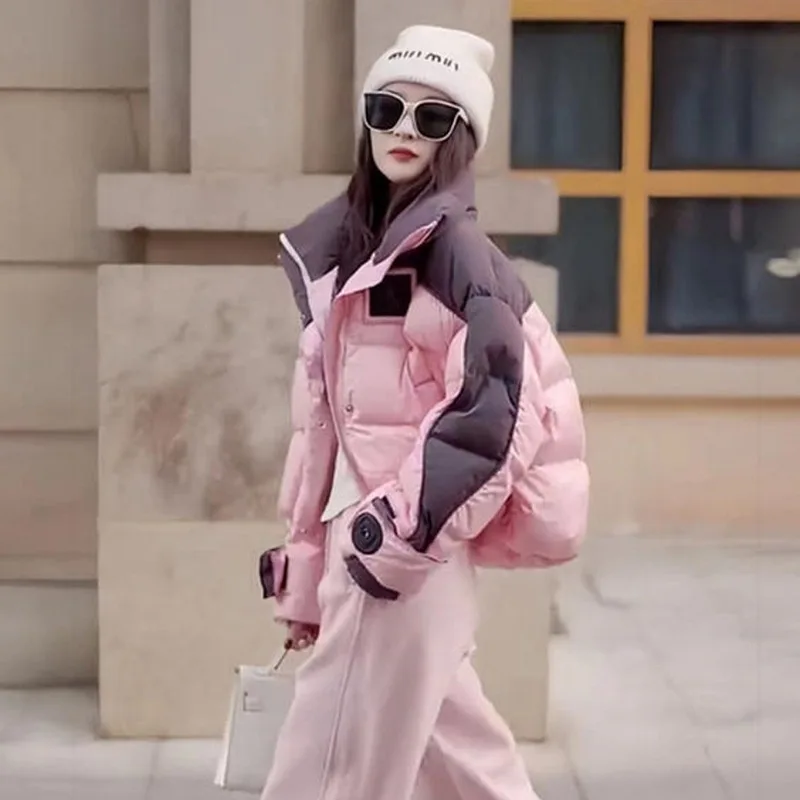 

Fashion Down Cotton Jacket Winter Women Clothes Warm Thick Patchwork Cropped Jacket Windproof Coat Outdoor Outerwear Sweet Pink