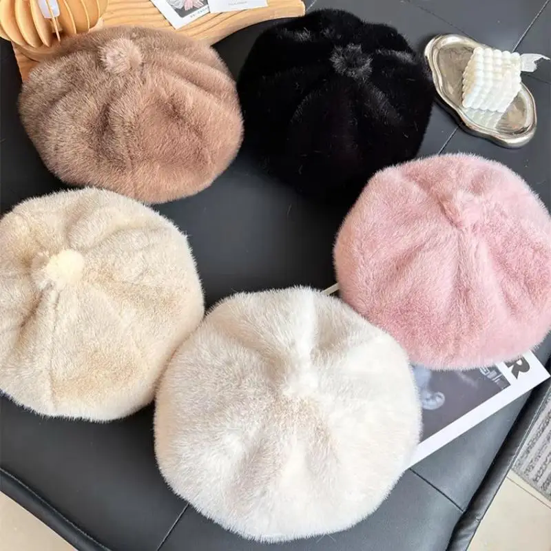 

Faux Mink Fur Berets Elegant Women Winter Caps New French Style Fur Hats Artist Painter Hats Thick Warm Pumpkin Beanies Cap