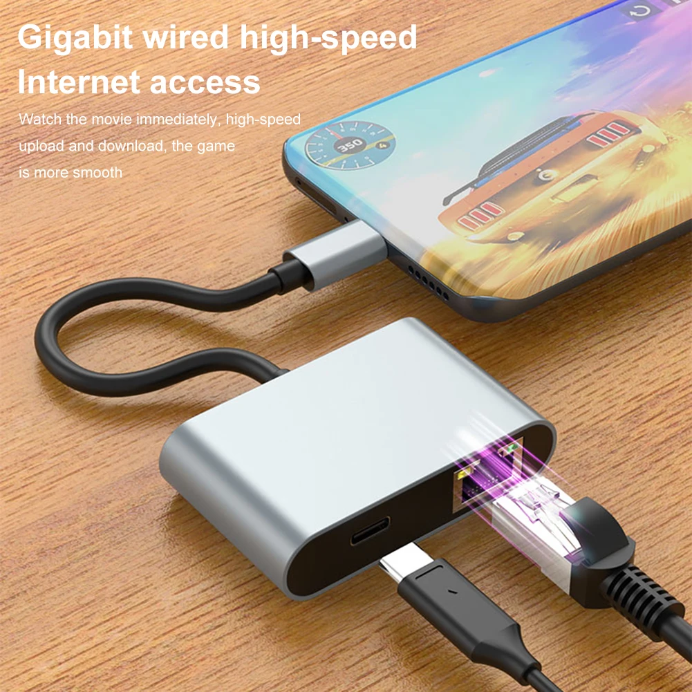 Adaptor USB C ke Ethernet, USB C ke RJ45 Adapter tipe-c ke RJ45 1000Mbps Gigabit LAN jaringan Adapter dengan 60w PD tipe-c port pengisian daya