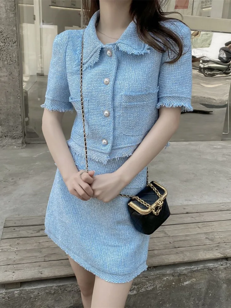 

Small Fragrance Suit Female 2022 Summer Korean Temperament Thin Tweed Tassle Short Coat High Waist Hip Wrap Skirt Two-piece Set