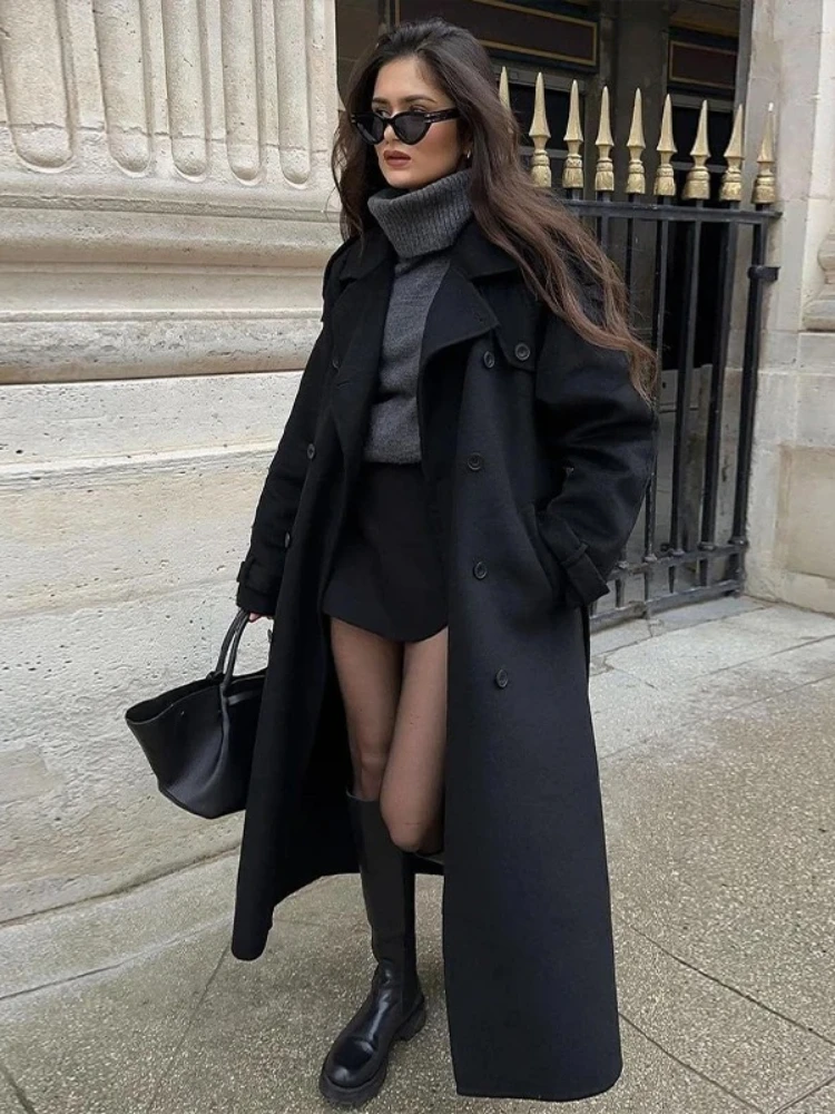 New Fashion Women's Wool Coat with Belt, Loose Collar, Double Row Buckle, Long Sleeve, 2026 Autumn/Winter Women's Windbreaker