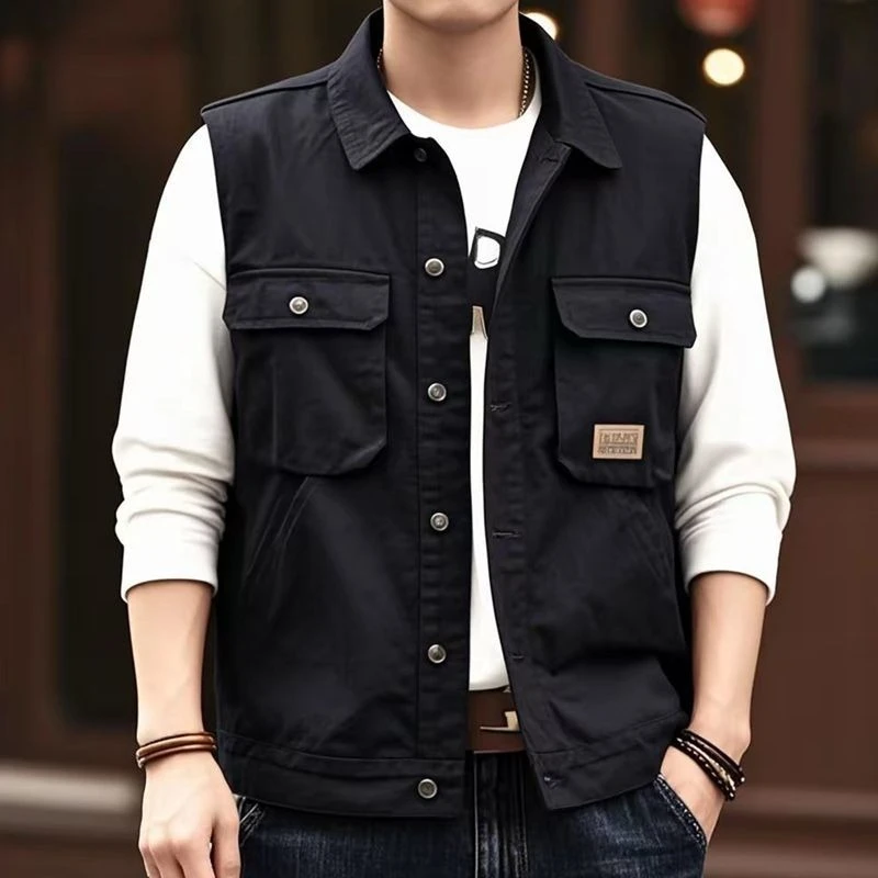 

Джинсовый жилет с несколькими карманами, мужская повседневная куртка в гонконгском стиле, городская уличная одежда, свободная посадка, весенне-осенняя верхняя одежда, трендовая