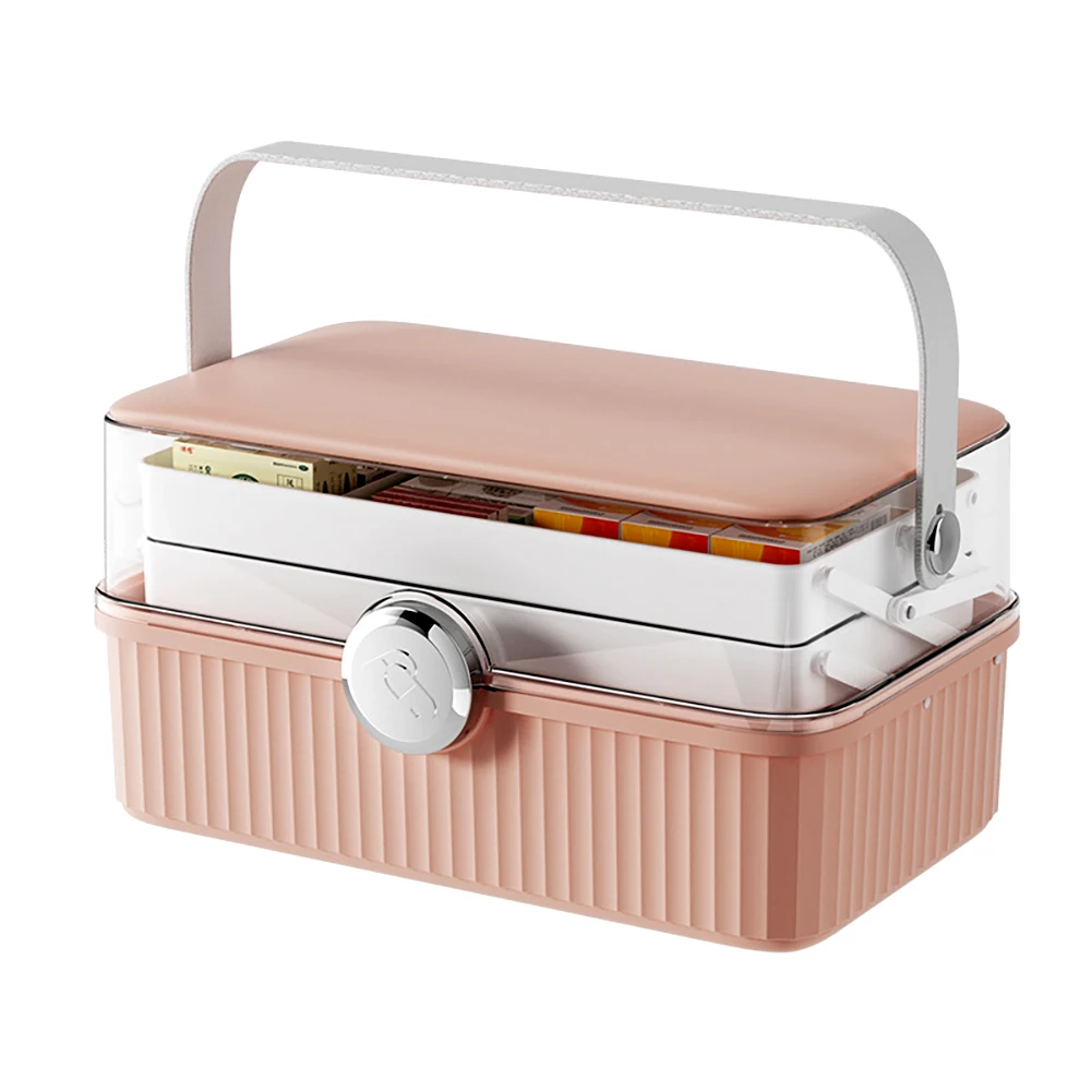 

Pink Portable Pills Box Organizer Foldable 3 Layers Large Medicine Storage Box with Lock Household First Aid Kit Pill Case Ideas