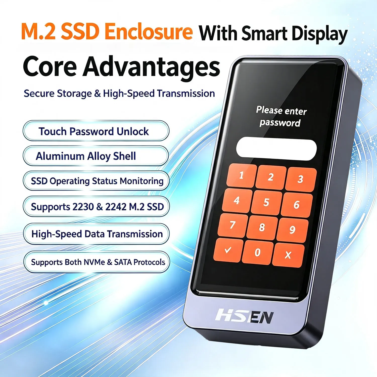 M.2 SSD エンクロージャ タッチパスワードロック解除 スマートディスプレイ搭載 NVMe & SATA M.2 SSD 2230 2242 10Gbps対応 外付けハードドライブケース