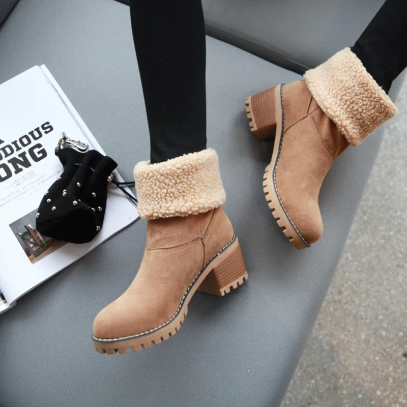 Womens Boots Female Winter Shoes Fur Snow Boots Warm Plush Women\'s Shoes Square High Heel Ankle Boots Black Botas De Mujer