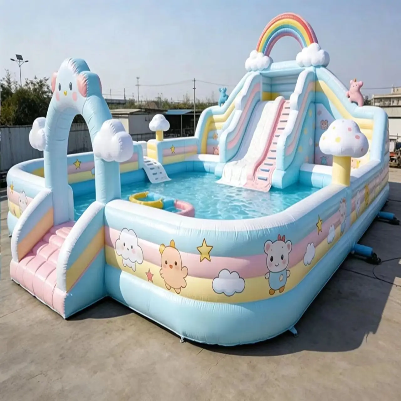 Commercial Inflatable Water Park with Slide Rainbow Cartoon Macaron Color Outdoor Water Play Equipment for Kids