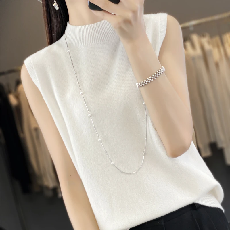 

Spring And Summer First-Line Ready-To-Wear Women's Suspenders Sleeveless Pullover Semi-High Neck Sweater Bottoming Shirt Vest