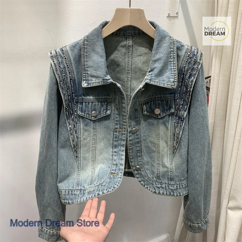 

French denim jacket women's beaded coat women's spring and autumn new fashion temperament design short casual Joker jacket