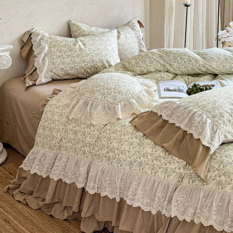 Bedroom Retro High-end Cotton Lace Four Piece Princess Style Duvet Cover, Bed Sheets, Vintage Bedding