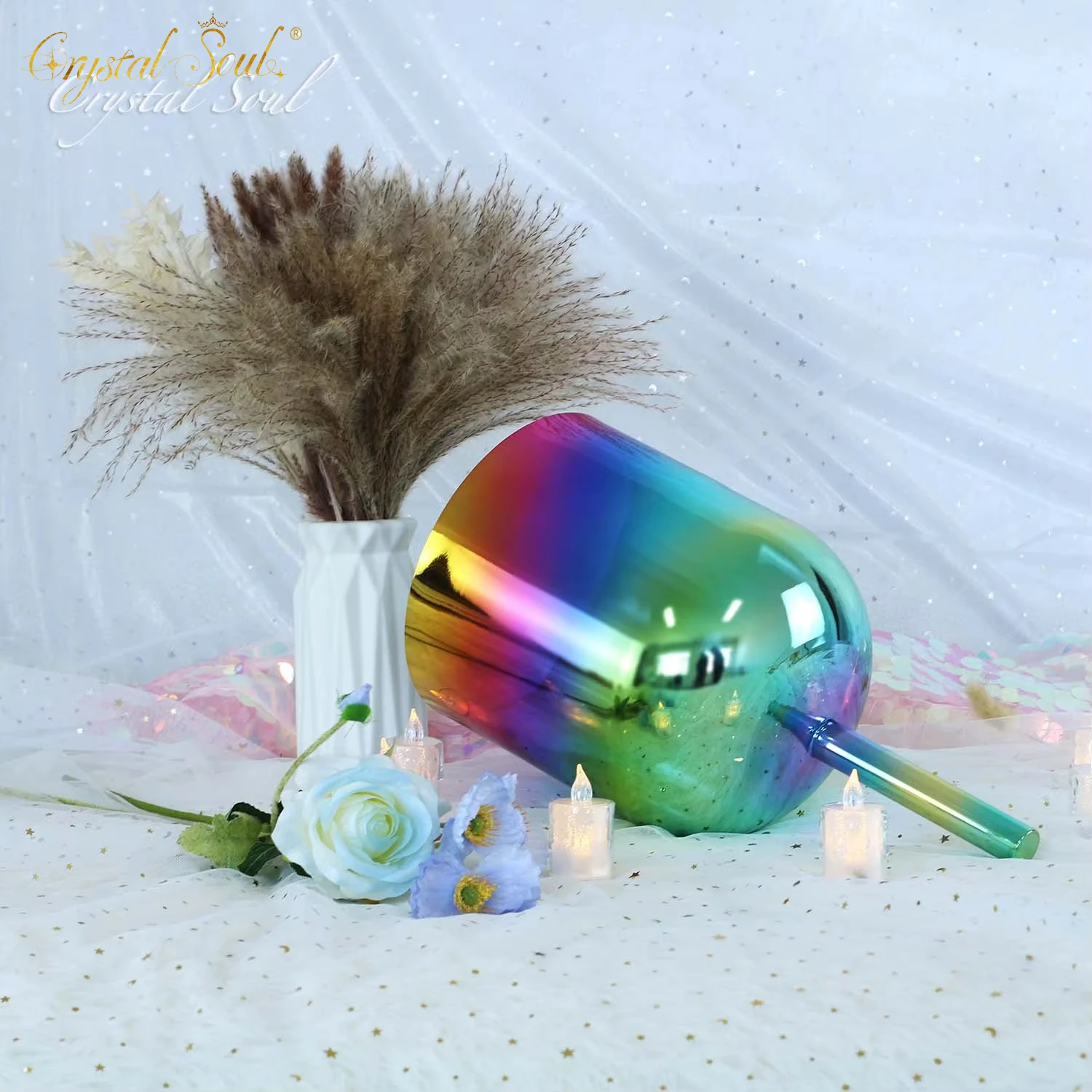 

CrystalSoul 432Hz Color Gradient Clear Crystal Singing Bowl Handheld Yoga Meditation with accessories and Bag
