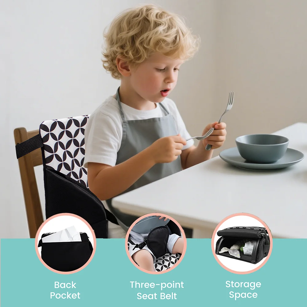ポータブル幼児用ブースターシート、3点式安全ハーネス付き、折りたたみ式軽量ベビーダイニングチェアクッション、滑り止めベース収納