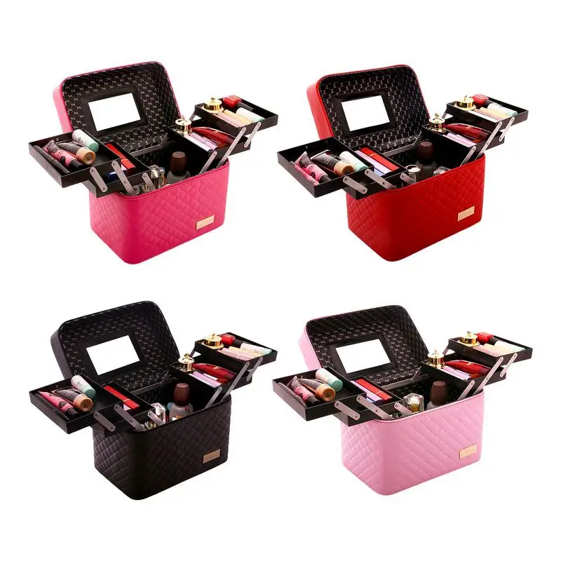 Cosmetic Makeup Train Case 4-Layer Foldable PU Leather Makeup Case Waterproof Women Bathroom Cosmetic Storage Bag Makeup Case