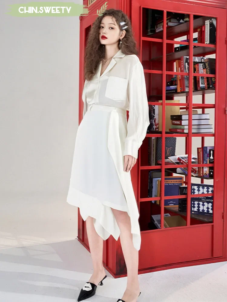 

Solid Chiffon Sheer Shirt Skirt Set Women Elegant Long Sleeved Lapel And Waist Cinching Two Piece Suit 2025 New Summer Lady Wear