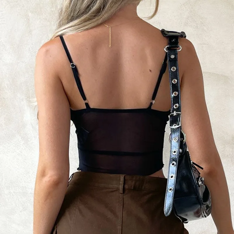 Sexy Corset Crop Top Women Sleeveless Summer Streetwear Fashion Bandage Black Camis Mesh Backless High Street Basic Cropped Tops