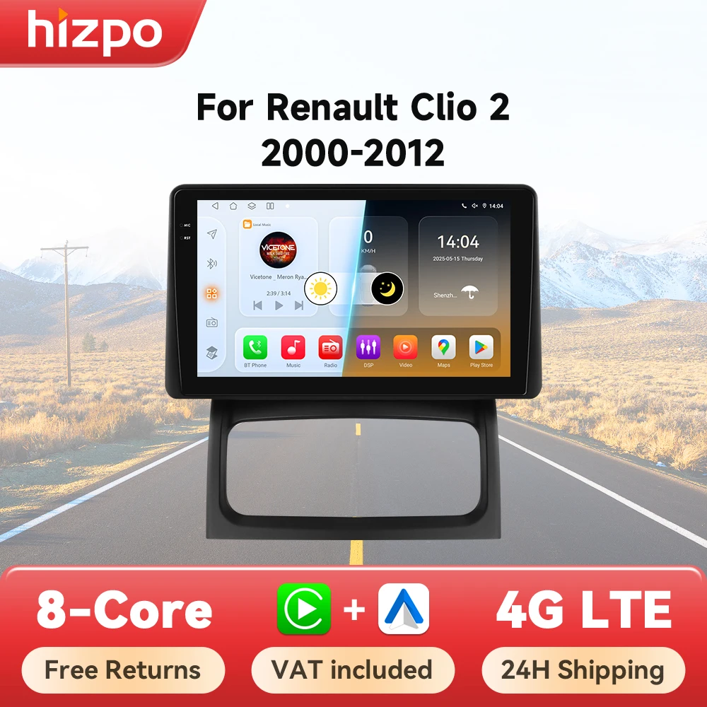 Hizpo-Autoradio Android, Navigation GPS, CarPlay, Stéréo, Unité principale, RDS, 4G, Limitation de l'autoradio, 2 Din, Renault Clio 2, 2000 - 2012