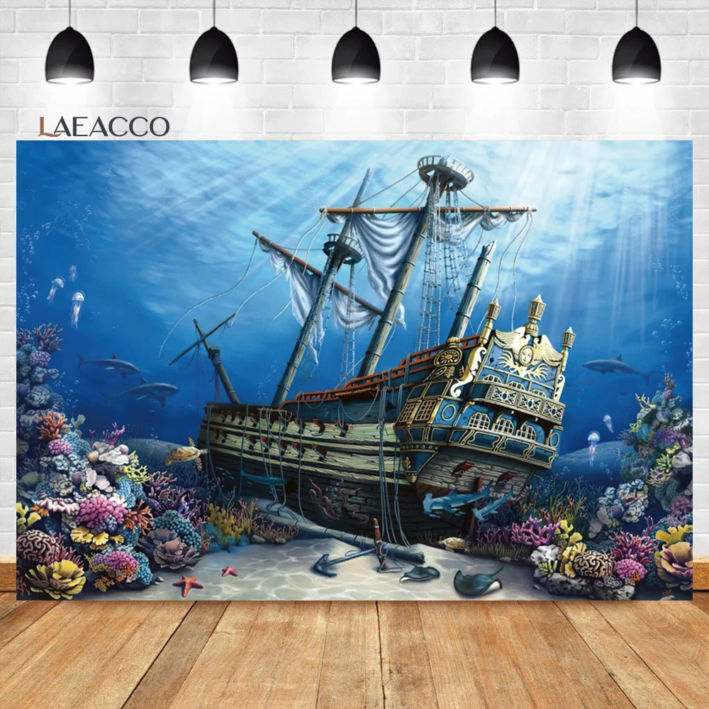 Laeacco Underwater Treasure Pirate Ship Backdrop Benthos Aquatic Plants Coral Girl Kids Birthday Portrait Photography Background