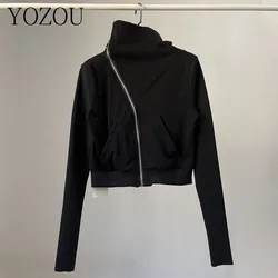 [YOZOU] Stylish Luxury Punk Girl Slim Black Short Zipper Coat Terry Sweatshirt Cropped Jacket Women Top Korean Style Clean Fit