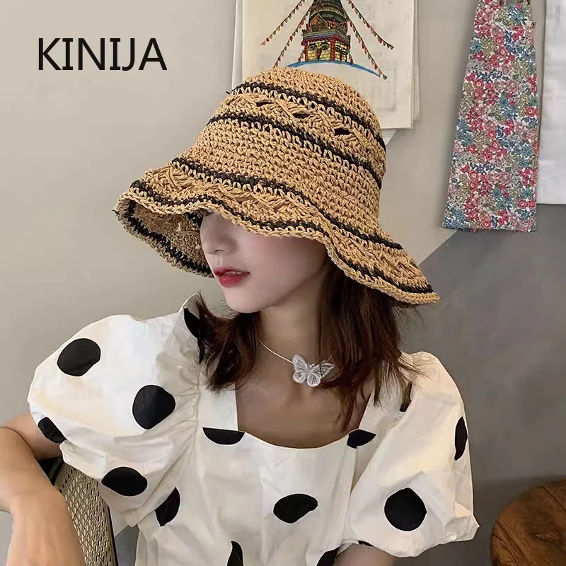 여름 모자 여성 밀짚 태양 모자 접는 태양 모자 한국어 스타일 선 스크린 비치 액세서리 Sunhat Bucket Hat Girls 밀짚모자