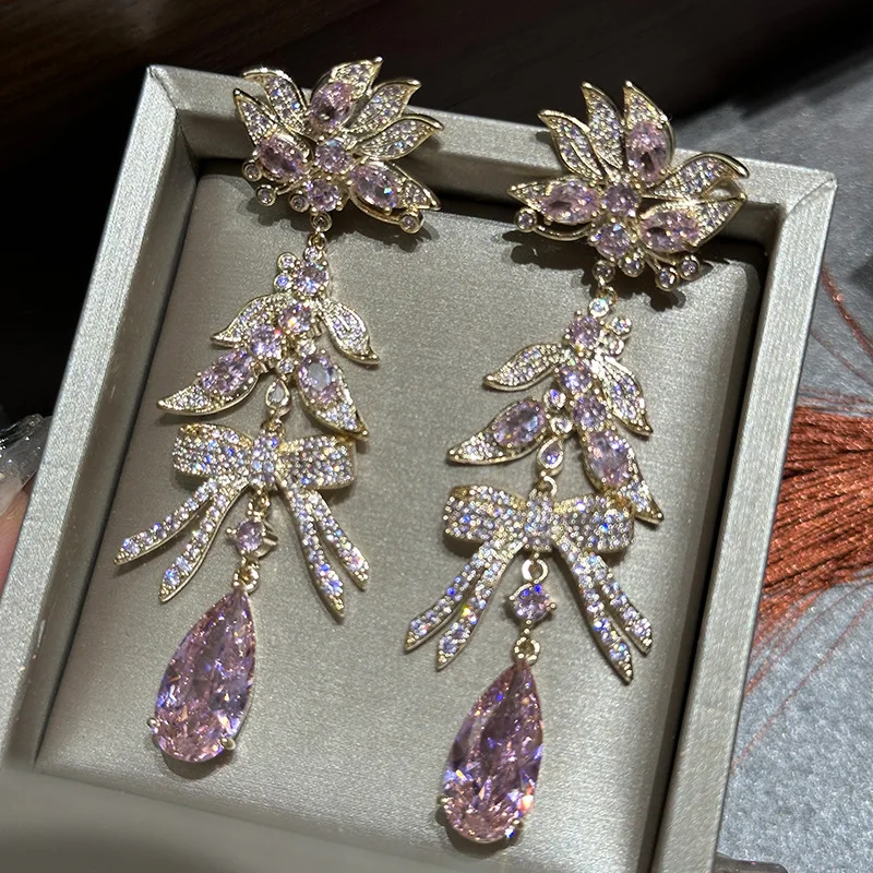 

Women Gold Pink Diamond Abstract Flower Stamen Bow Drop Earrings 2024