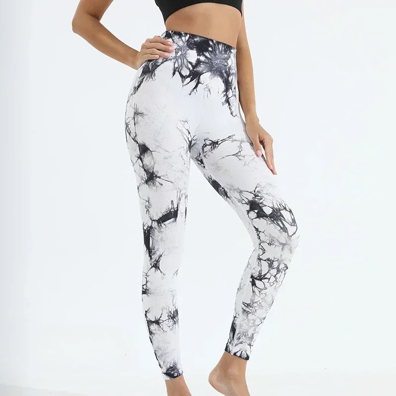 Gym Sports Workout Leggings Push Up Yoga Pants Women Fitness Leggings High Waist Seamless Pants Fashion Tie Dye Knit Slim Pants