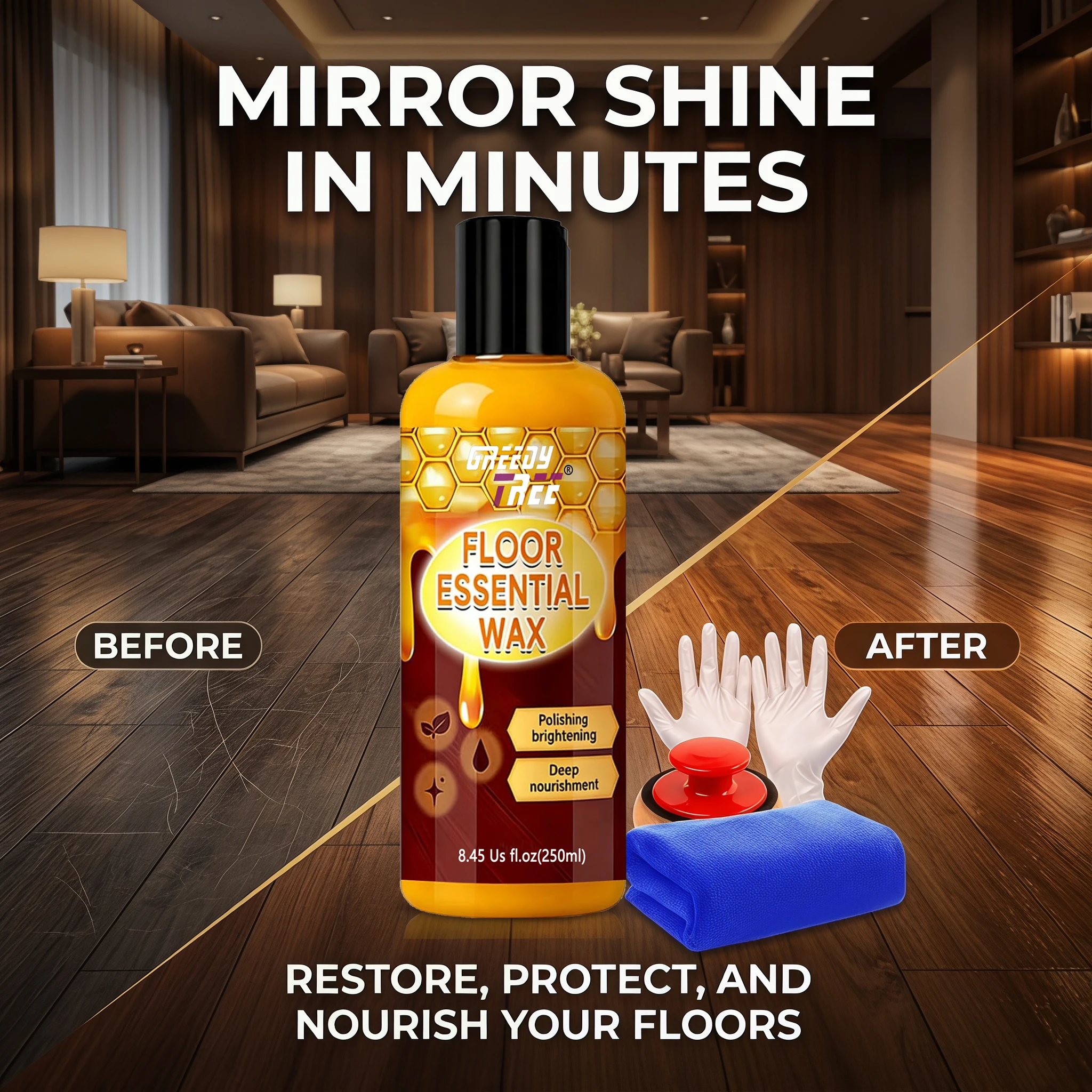 Floor Essential Wax Kit, 250ml Hardwood Floor Polish & Restorer, Floor Wax for Scratch Repair Brightening Nourishing Wood Floors, with Sponge Applicator, Microfiber Towel, Disposable Gloves
