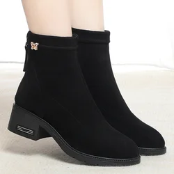 Women's Autumn Winter New Low Heel Comfortable Plush Velvet Fashion Black Suede Short Boots Zipper Warm Snow Boots