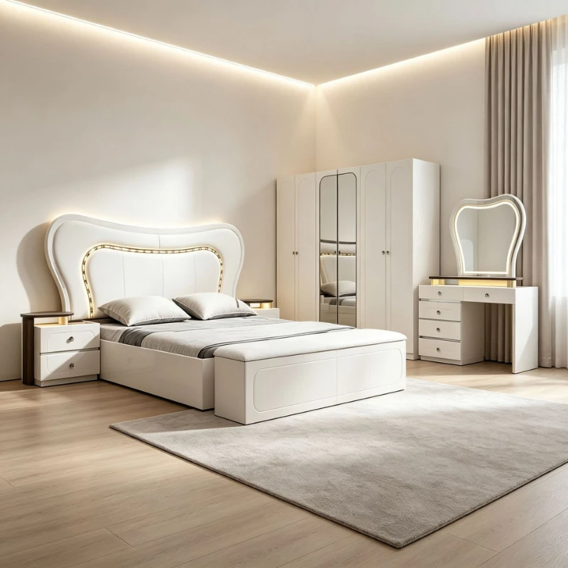 Light luxury white bedroom complete set of furniture, soft bag large bed mirror wardrobe