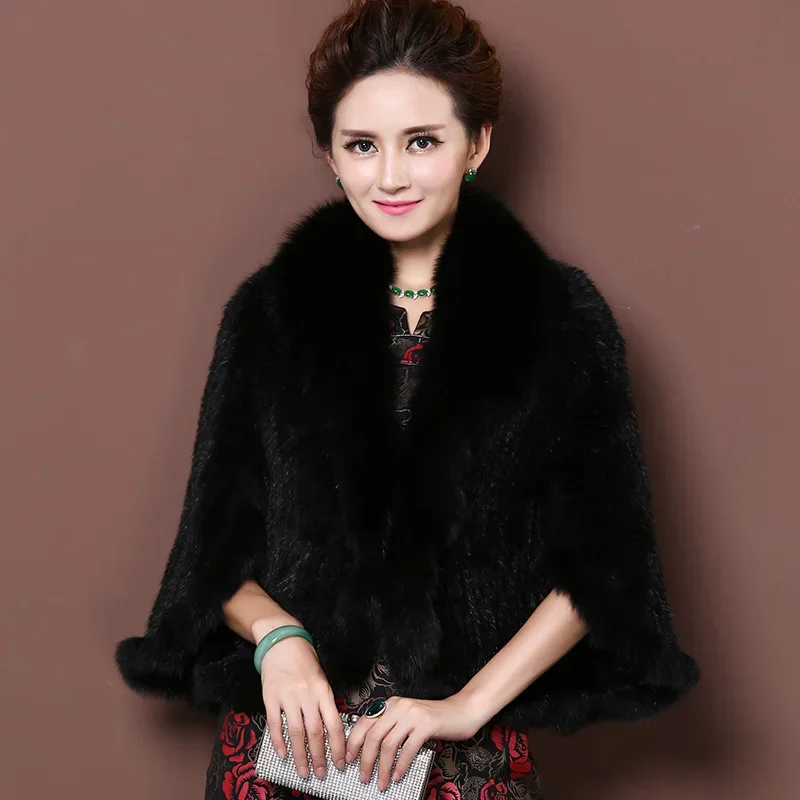 Autumn Winter Genuine Knitted Mink Fur Shawls Fox Fur Collar Women Fur Pashmina Wraps Bridal Cape Coat Jacket