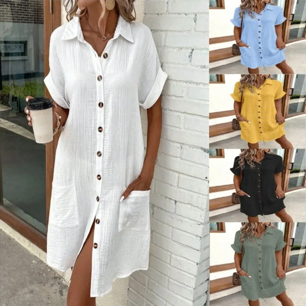Elegant Womens Summer Casual Dress Button Up Mid Length Short Sleeve A Line Loose Fit Solid Color Vintage Fashion