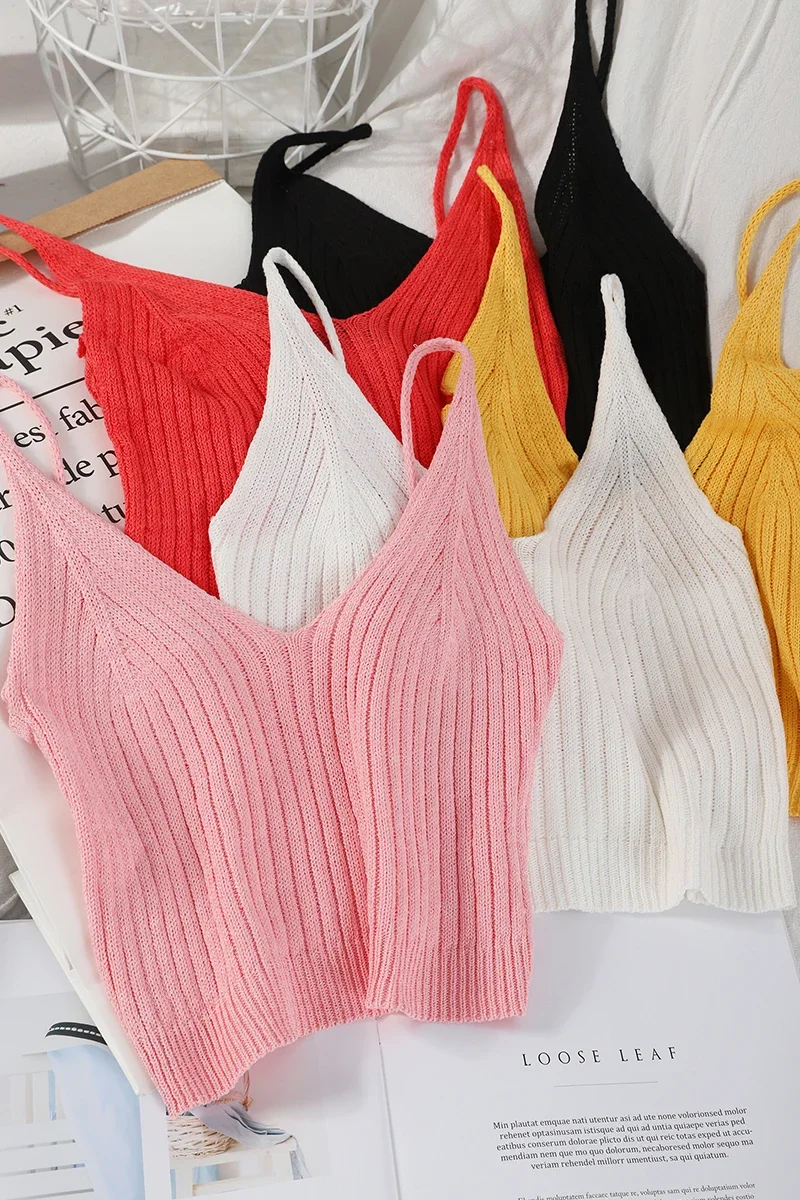 Pearl Diary Women Sexy Knitted Top V Neck Sleeveless Vest Solid Simple Spaghetti Strap Crop Top Plain Casual Tshirt Women Tops