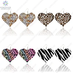 SOMESOOR Fashion Leopard Print Heart Wooden Drop Earrings For Women Black Zebra Colorful Animal Skin Pattern Wood Dangle Jewelry