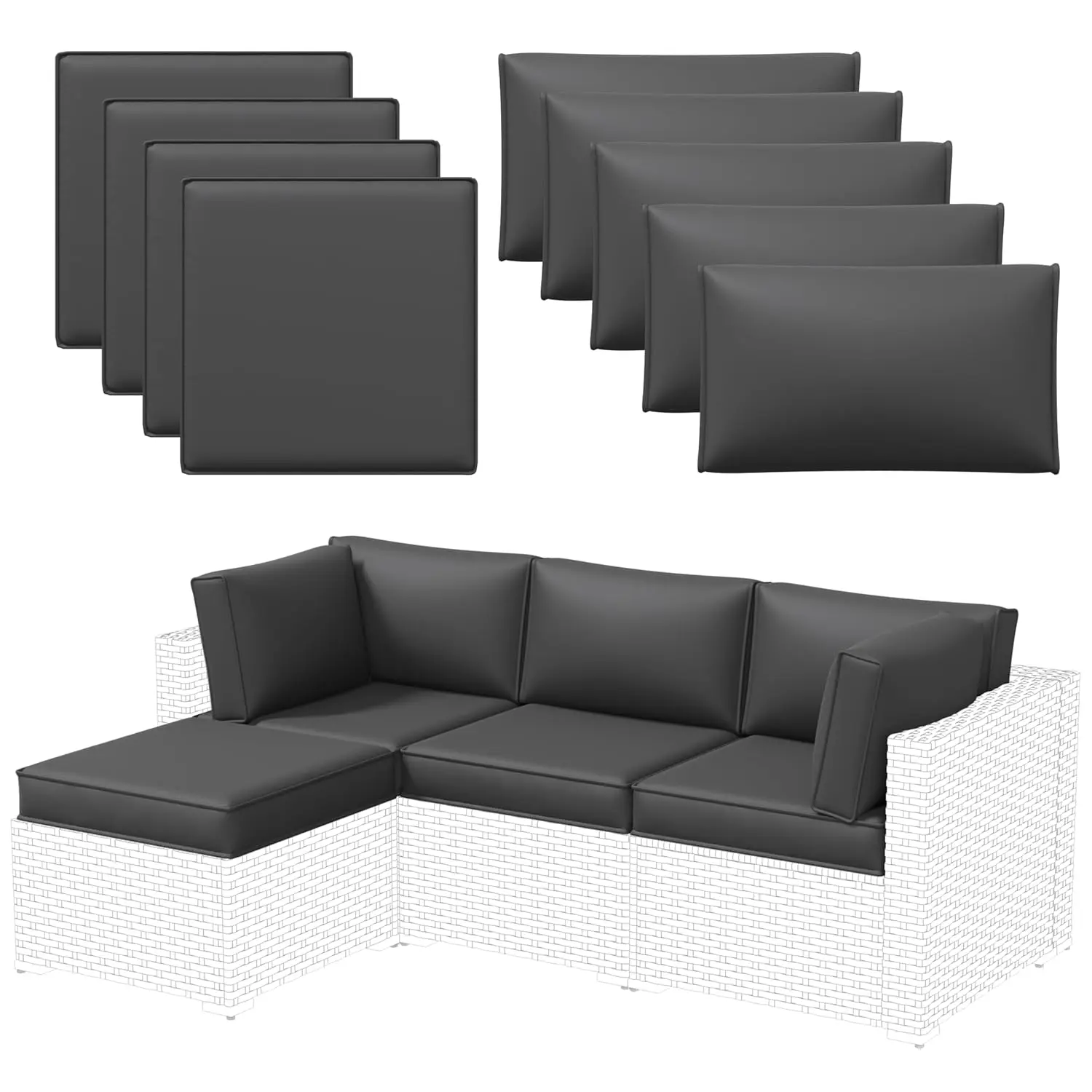 

4'' Water-Repellent Fade-Resistant Patio Sofa Cushions for 4-Seat Rattan Sectional Deep Seats 9pc Grey, Customized